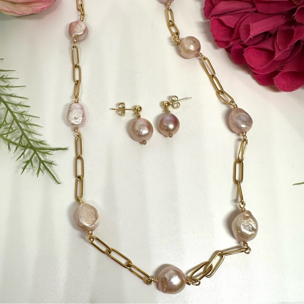 NEW⚜️Baroque Freshwater Pink Pearl Chain Necklace - Picture 5 of 6